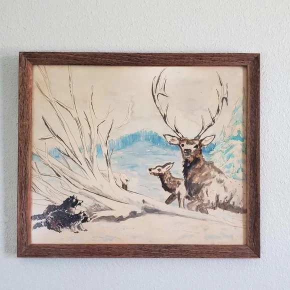 Vintage Deer Racoon Watercolor Painting Framed
